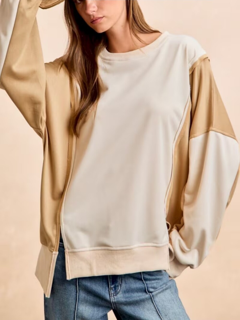 429.BIBI Boho Neutral Colorblock Pullover Oversized Sweatshirt - Cream & Tan